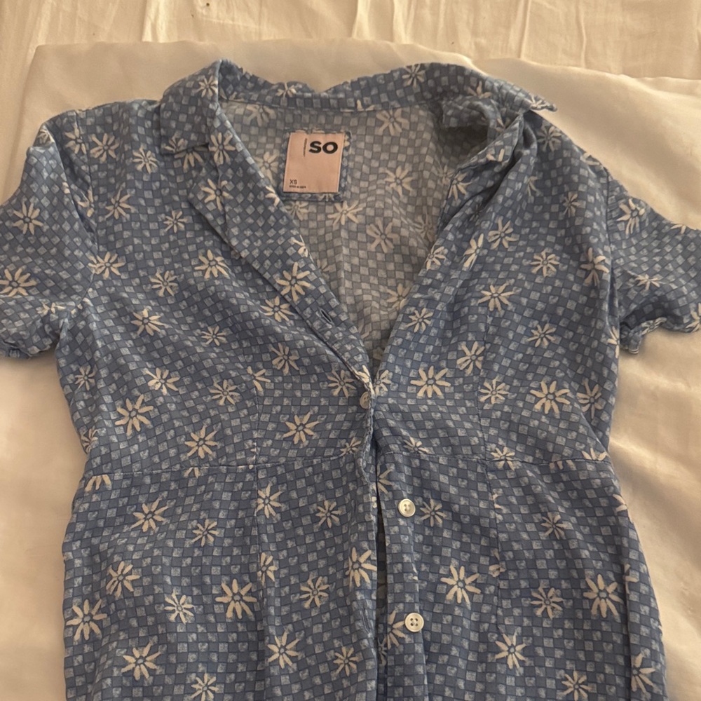SO Light Blue Checkered Floral Coverup Shirt